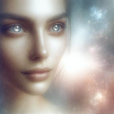The primary subject of the image is a woman with blue eyes, who is the main focus of the scene. She is depicted in a digital art style, with a background of a bright, colorful, and swirling space. The woman's eyes are described as "glowing," which adds to the overall atmosphere of the image.